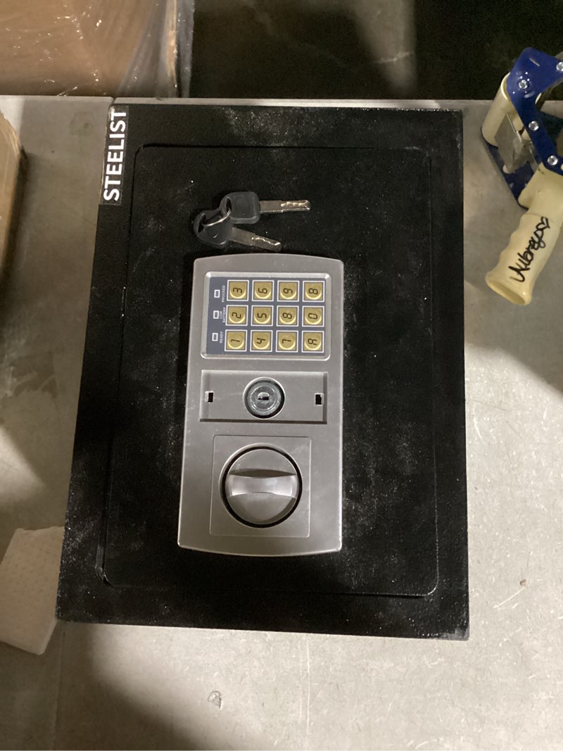 Condition photo showing As Is for STEELIST Safety Box, 1.0 Cu Ft Stack on Safe, Cash Safe with Key and Digital Keypad, Safes for Home Use Fire and Water Proof, Security Box with Removable Shelf, Safes for Hotel, Dorm and Business Black-1.0 CuFt Electronic Lock