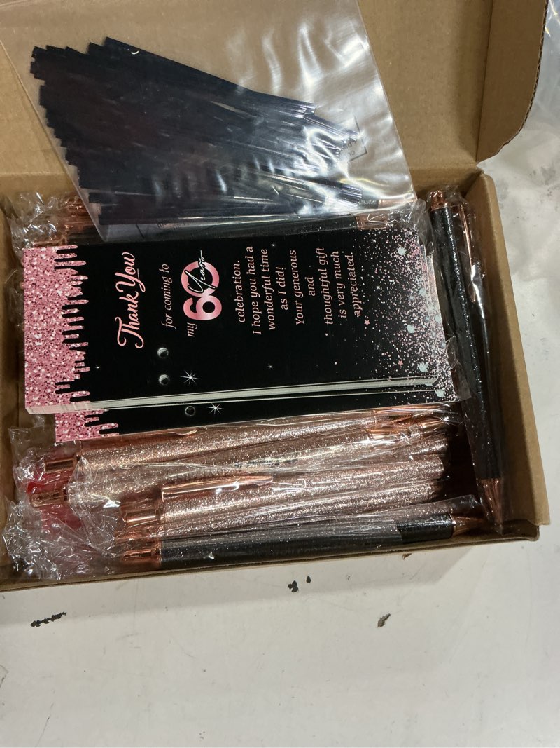 Condition photo showing New/Like New for 30 Sets 60th Birthday Supplies for Guests Include 30 Cheers to 60 Years Ballpoint Pens with 30 Thank You Cards 50 Organza Bag and 50 Twist Tie Office School Birthday Anniversary Party Favors 30 Rose Gold 60th