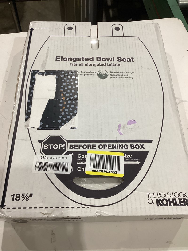 Condition photo showing New/Like New for kohler 4636-rl-0 cachet readylatch elongated slow close toilet seat, soft close toilet seat quiet lid, contoured grip-tight bumpers installation hardware, apartment essentials, white white elongated ready latch