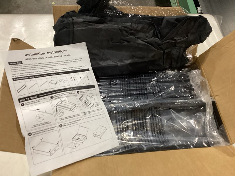 Condition photo showing New/Like New for Under Bed Storage with Wheels, 2-Pack Under the Bed Storage Containers with Clear Lids & Label, Underbed Storage Bins, XXL 60L Rolling Metal Drawer for Clothes, Shoes, Toys, Books - Black