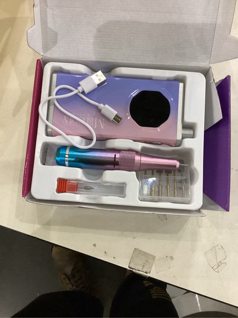 Condition photo showing New/Like New for Electric Nail Drill File Professional 40000 RPM, Melodly Rechargeable Electric Nail File Machine Kit for Acrylic Gel Nails Polishing Removing, Portable Cordless Efile with Gold Bits Kit at Salon Home