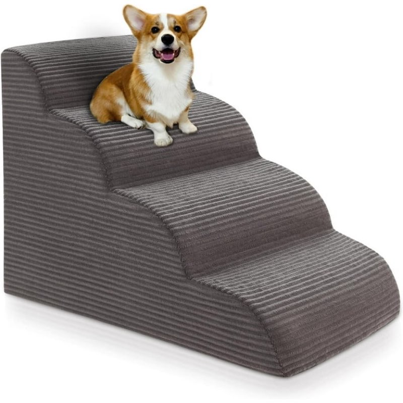 curved dog stairs ramp for high beds 19.7" h, 4-step dog steps for small dogs and cats, removable and washable pet stairs for high bed climbing, non-slip balanced pet step indoor, deep grey