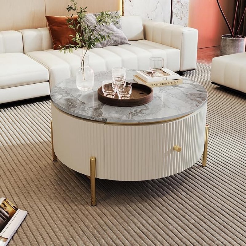 Linique Modern Round Coffee Table with 2 Large Drawers Storage Accent Table, Beige
