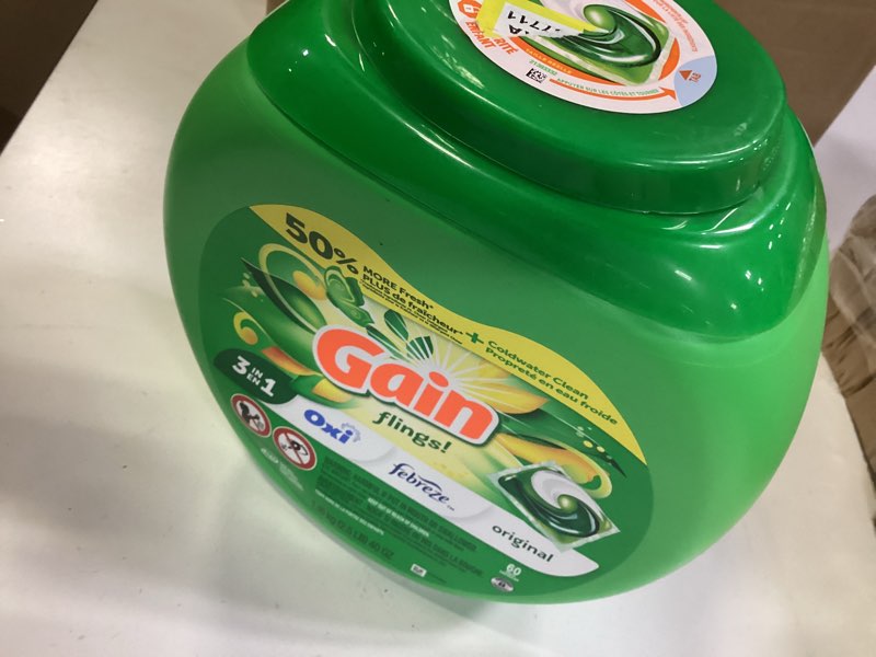 Condition photo showing Good Condition for Gain Flings Laundry Detergent Pacs, 60 Count, Original Scent, with Odor Defense, concentrated laundry soap pacs Original 60 Count (Pack of 1