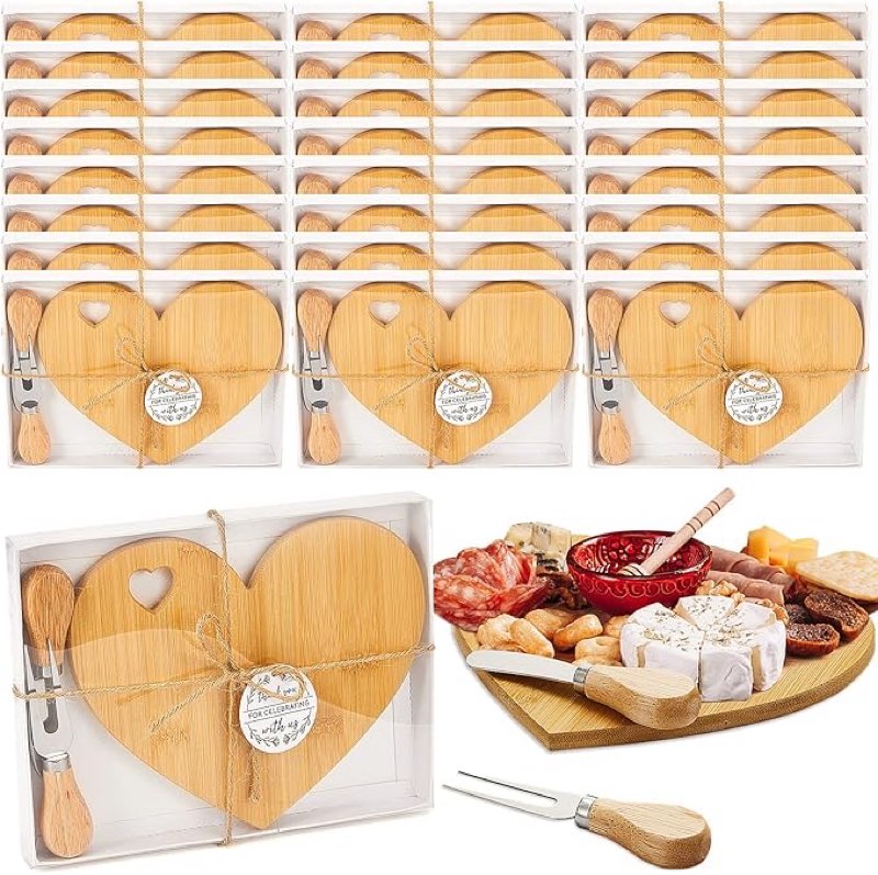 Nuogo 16 Set Wedding Bridal Shower Cheese Board Party Favors Wooden Mini Charcuterie Boards and Knives Set with Thank You Tags Bamboo Board Gifts for Guests Valentine Bridal Birthday Party(Heart)