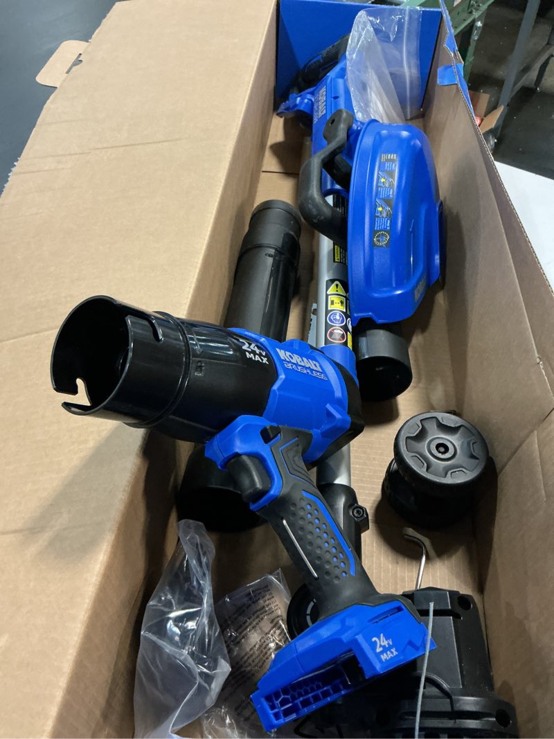 Condition photo showing As Is for kobalt 24-volt cordless battery string trimmer and leaf blower and combo kit 2 ah (battery included) (charger included)