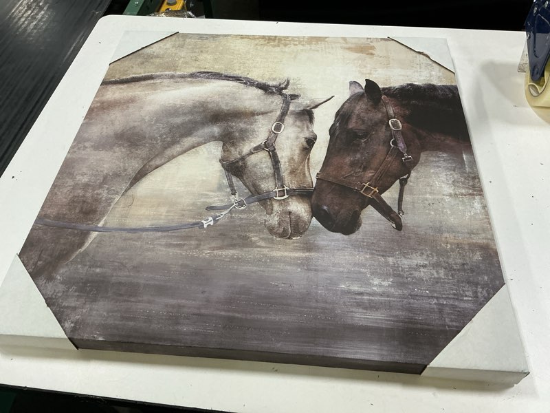 Condition photo showing New/Like New for loving horse duo 23.5" x 23.5" canvas wall art brown, horse art wall decor for living room, bedroom, family room