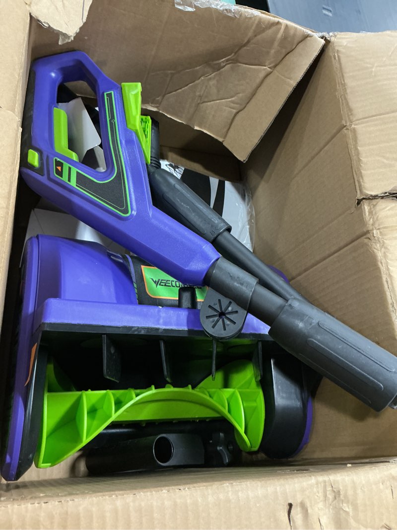 Condition photo showing As Is for 20v lithium-ion cordless electric snow shovel, 12 inch snow blower, electric snow thrower with 2ah battery and 1 hour fast charger