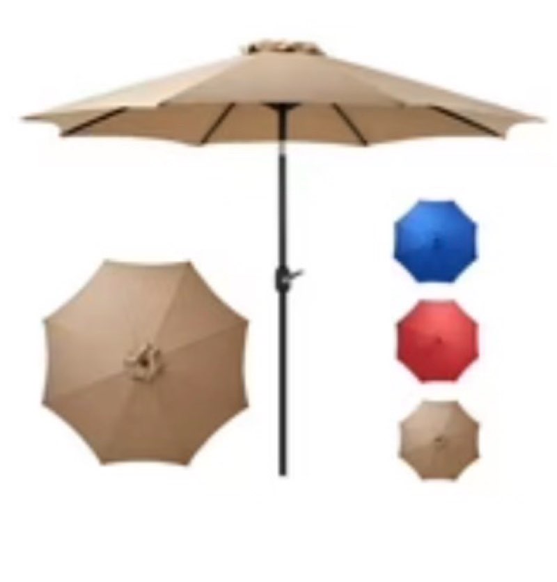 edx 9-FT Outdoor Patio Umbrella with Push Button Tilt and Crank, Patio Table Market Umbrella with 8 Sturdy Ribs UV Protection Waterproof for Garden, Deck, Backyard, Pool, Khaki
