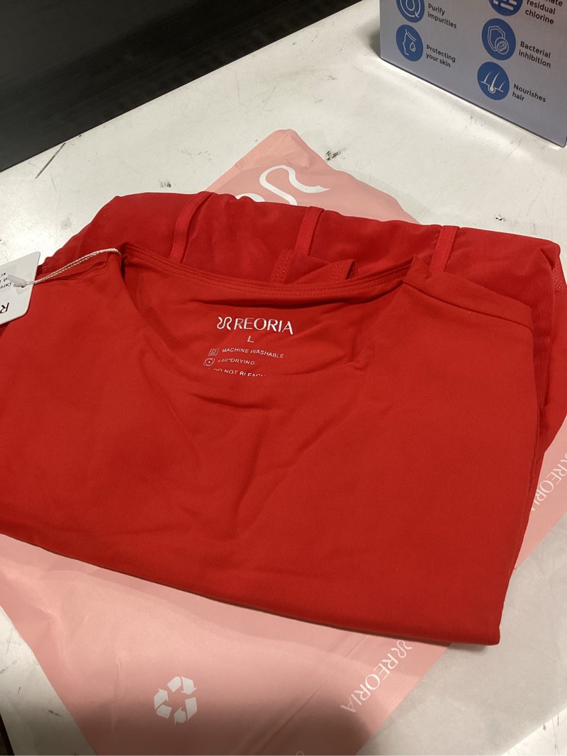 Condition photo showing Good Condition for REORIA Women's Trendy Sexy Crew Neck Thumbholes Long Sleeve Sheer Mesh Going Out Bodysuit Tops Red Large