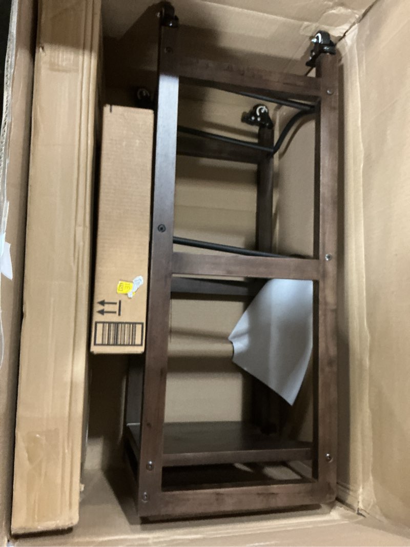 Condition photo showing As Is for 3-tier 5 gallon water jug holder with top shelf – 4 metal wheels or adjustable feet – natural hardwood water dispenser floor stand – wooden organizer for kitchen, office, garage – space-saving design. walnut color