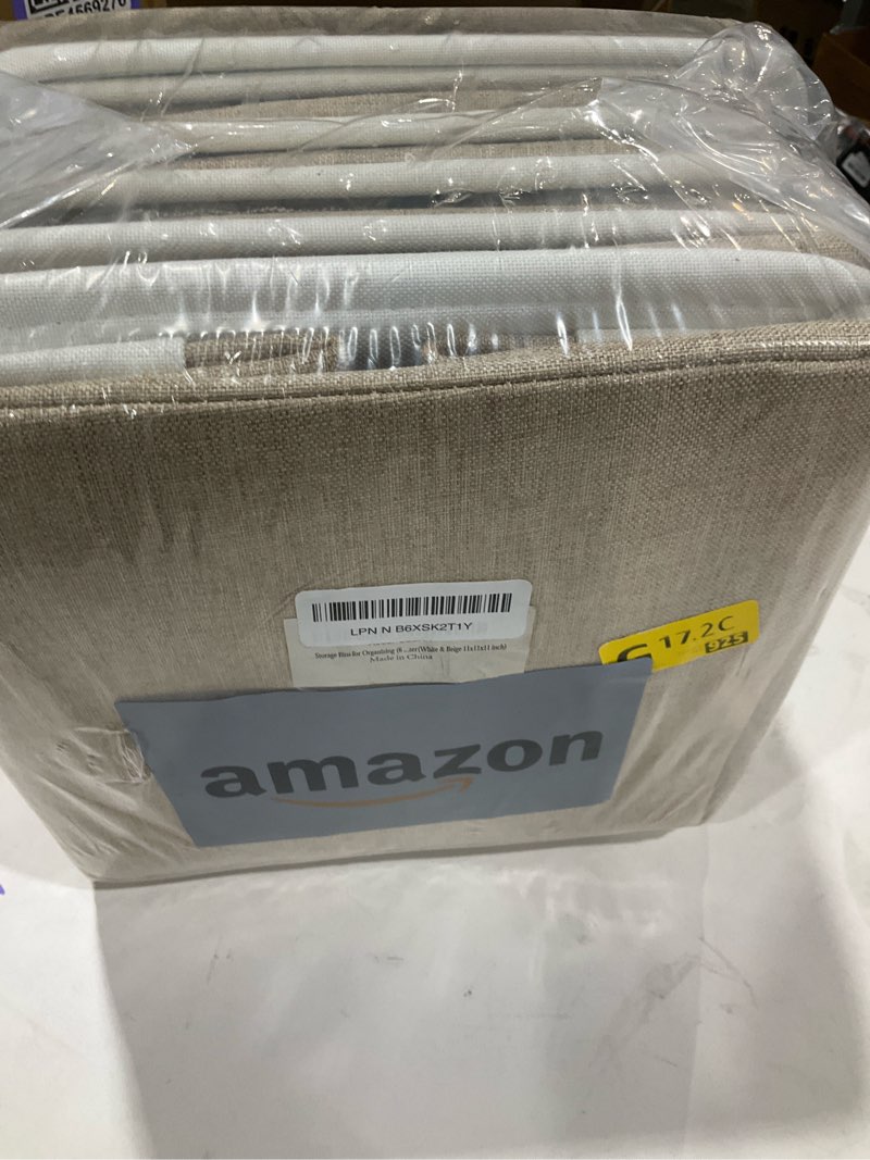 Condition photo showing New/Like New for 11 x 11 Inch Cube Storage Bins, 6 Pack Large Collapsible Fabric Storage Bin with Ropes, Foldable Storage Cubes for Home, Office,Closet, Clothes, Toys Organizer (White & Beige-11"x11"x11")