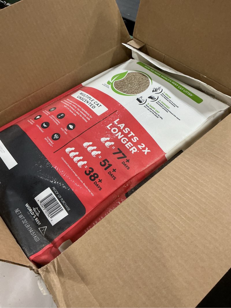 Condition photo showing Good Condition for WORLD'S BEST CAT LITTER Multiple Cat Unscented, 32-Pounds - Natural Ingredients, Quick Clumping, Flushable, 99% Dust Free & Made in USA - Long-Lasting Odor Control & Easy Scooping