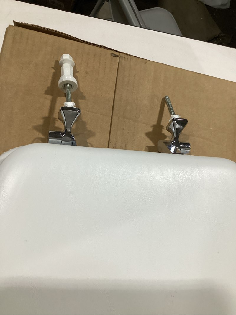 Condition photo showing As Is for mayfair padded toilet seat with chrome hinges, soft vinyl over wood core seat, made in usa, elongated, white