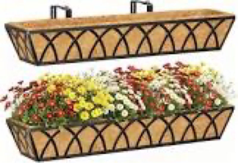 WYAMAI 30 Inch 2 Pack Railing Planter with Adjustable Brackets, Window Box with Coco Liner, Hanging Metal Flower Box for Balcony Deck Fence Porch, Black 1