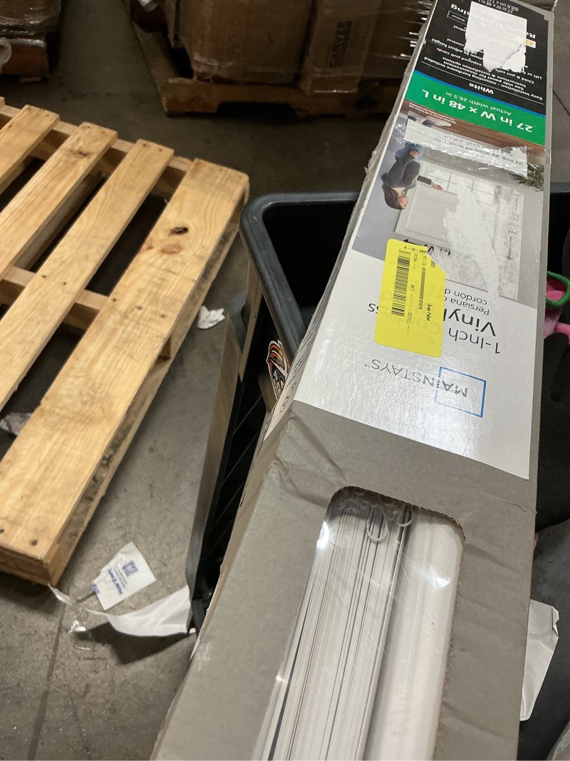 Condition photo showing As Is for mainstays 1" cordless room darkening vinyl blinds, white, 27"w x 48"l