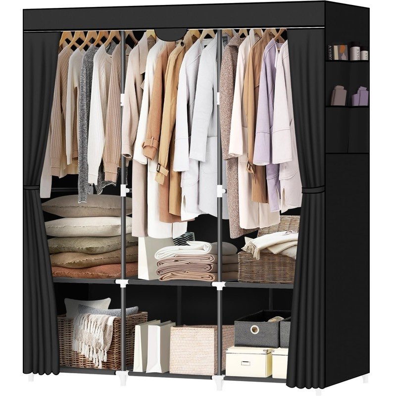lokeme portable closet, portable closets for hanging clothes with 3 hanging rods and 6 storage shelves and 4 side pockets, black wardrobe closet easy to assemble and strong and stable