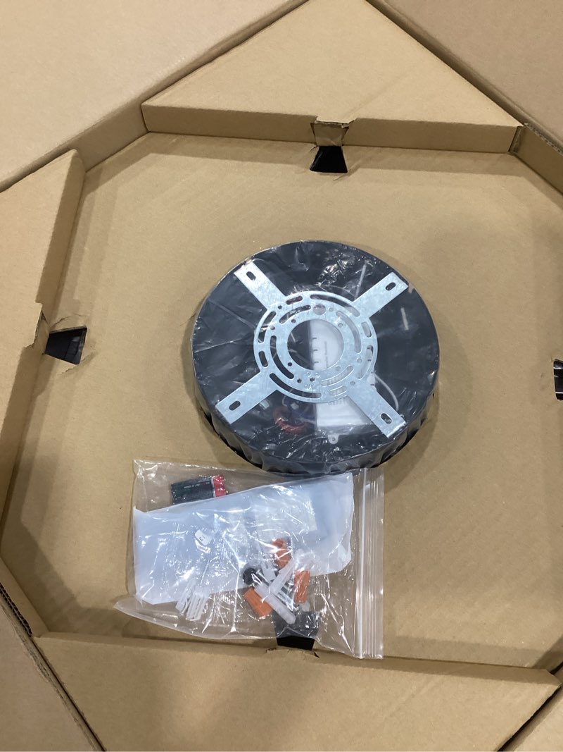 Condition photo showing New/Like New for LEDIARY 23” Caged Low Profile Ceiling Fans with Lights and Remote, Rustic Square Flush Mount Ceiling Fan, 6 Speed and Reversible, Small Farmhouse Bladeless Ceiling Fan for Bedroom, Kitchen,Dining Room Wood Grain 23 Inch