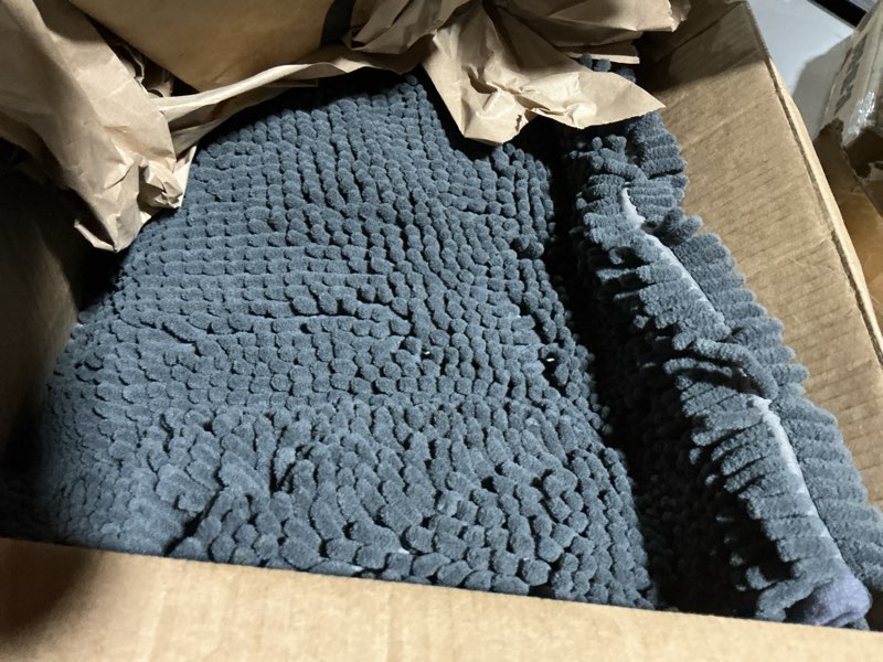 Condition photo showing As Is for Bathroom Rugs Set Non Slip 3 Piece Bath Mat Washable Chenille Bath Rugs with PVC Backing Bath Carpet,Absorbent Bathroom Mats with Toilet Rug,Bath Mats for Bathroom,Bedroom, Kitchen,Tub,Home Decor Charcoal Grey