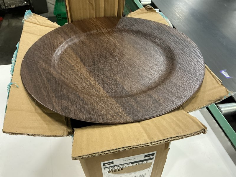 Condition photo showing Good Condition for jevergn 24 pack farmhouse charger plates, 13'' faux wood chargers for dinner plates, brown plate chargers set of 24, round plastic charger for wedding, party event, dinner, table setting