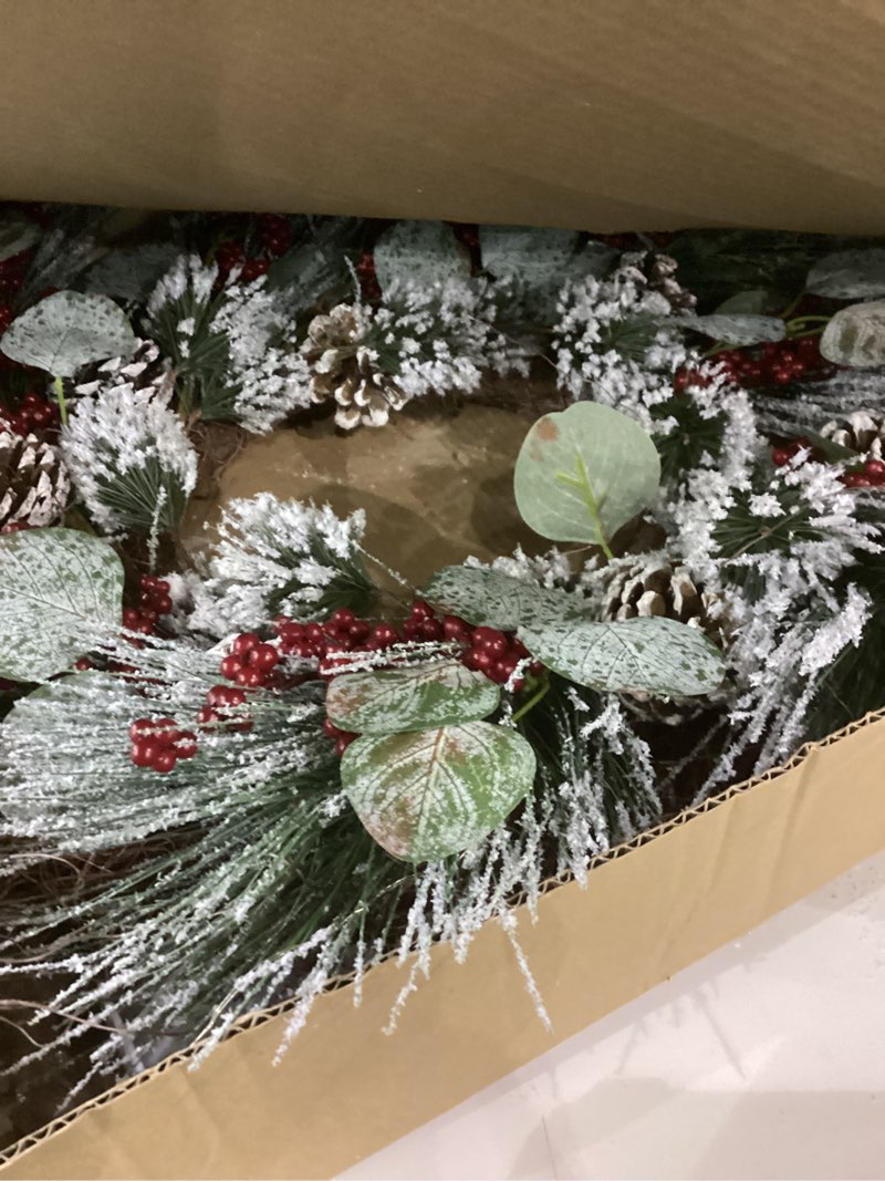 Condition photo showing Good Condition for 26” Christmas Wreath with Hanger Lights for Front Door Outdoor Porch Frosted Branches Snowy White Pine Needles Cones Berry Clusters Winter Décor Indoor Wall Decorations