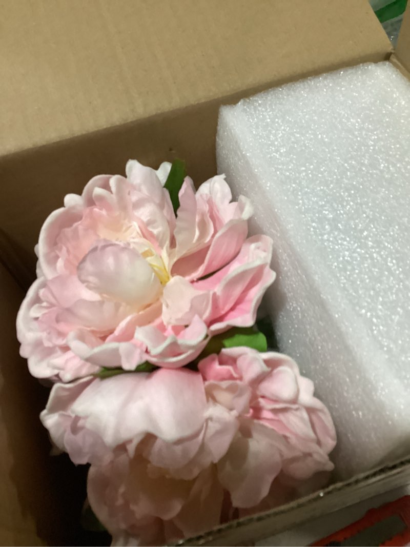 Condition photo showing As Is for hollyone white and green peonies artificial flowers with vase faux flowers peony fake flowers silk flower arrangements in glass vase with faux water for bathroom table centerpiece shelf home decor peony, green