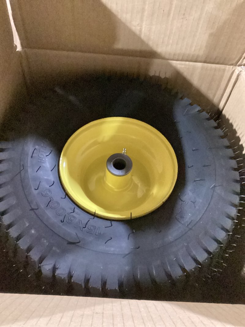 Condition photo showing New/Like New for 15x6.00-6 lawn mower tires, yellow wheel,15x6-6 front tire -3" offset hub,3/4" bushing replacement for craftsman/john deere/cub cadet riding mowers,4 ply tubeless (2 pack) 2 pcs