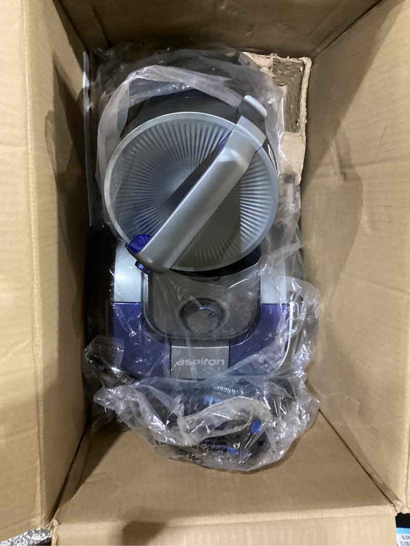 Condition photo showing As Is for aspiron 1700w canister vacuum cleaner, 45kpa bagless vacuum cleaner, multi-cyclonic filtration, 2 anti-allergen hepa filters, 3.5qt dust cup, 4 tools, no hair tangles for hard floor, pet hair, azure
