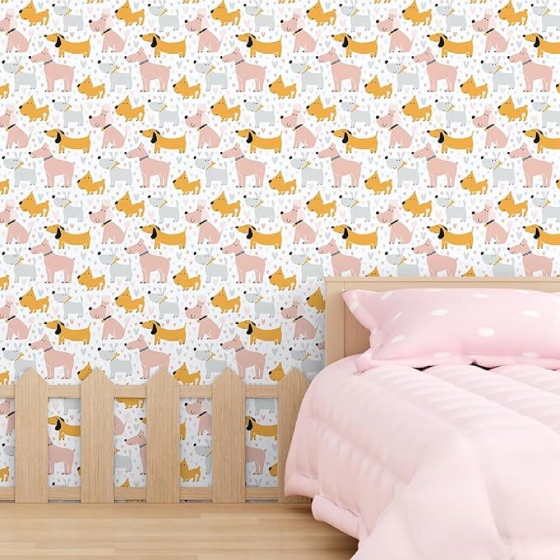 chihut 17.7”x236” peel and stick cute dog wallpaper removable pastel pink yellow puppy heart print w