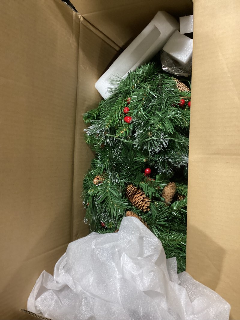 Condition photo showing As Is for National Tree Company 4 ft Pre-Lit Crestwood Spruce Mini Artificial Christmas Entrance Tree, 100 Clear Lights, 230 Tips, Glitter, Pinecones, Red Berries, Gold Rubbed Pedestal Base, Green 4ft Tree