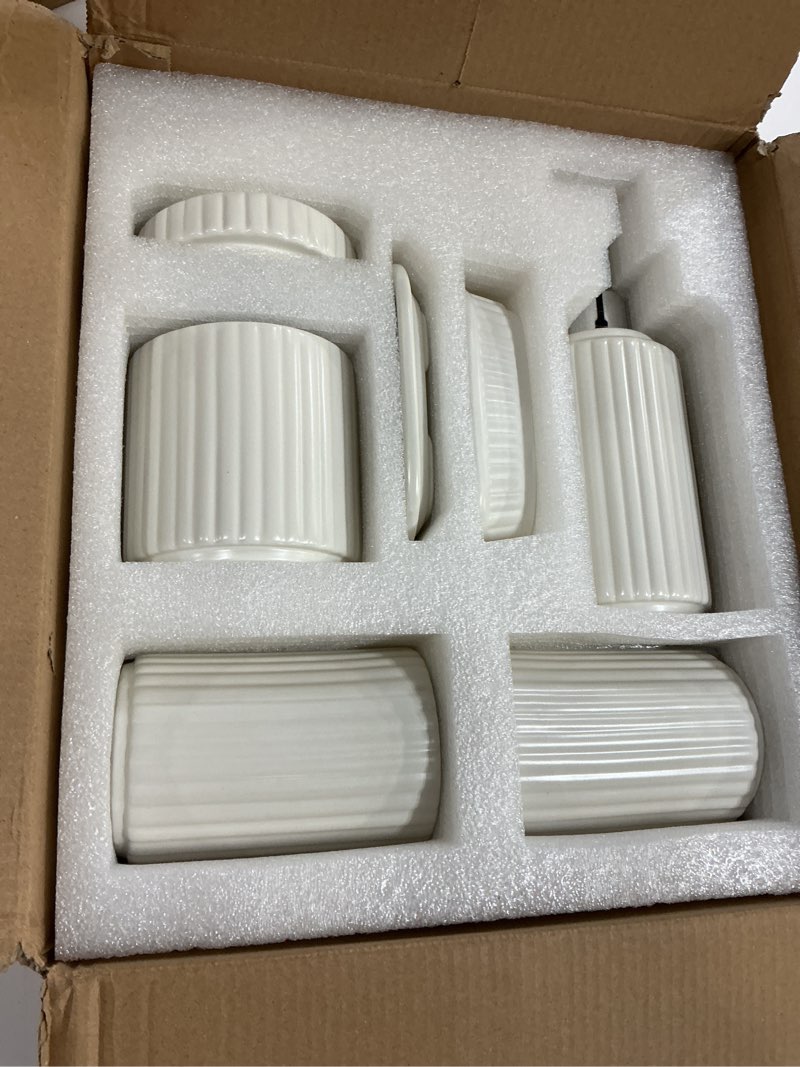 Condition photo showing New/Like New for White Bathroom Accessory Set 5PCS, Ceramic Bathroom Accessories Set, Classic Design Bathroom Accessories Sets Complete, Home Apartment Modern Bathroom Decor Vanity Countertop, ANTIS'S HOME