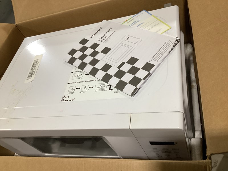 Condition photo showing As Is for COMFEE' EM720CPL-PM Countertop Microwave Oven with Sound On/Off, ECO Mode and Easy One-Touch Buttons, 0.7 Cu Ft/700W, Pearl White 0.7 Cu.Ft Classic White