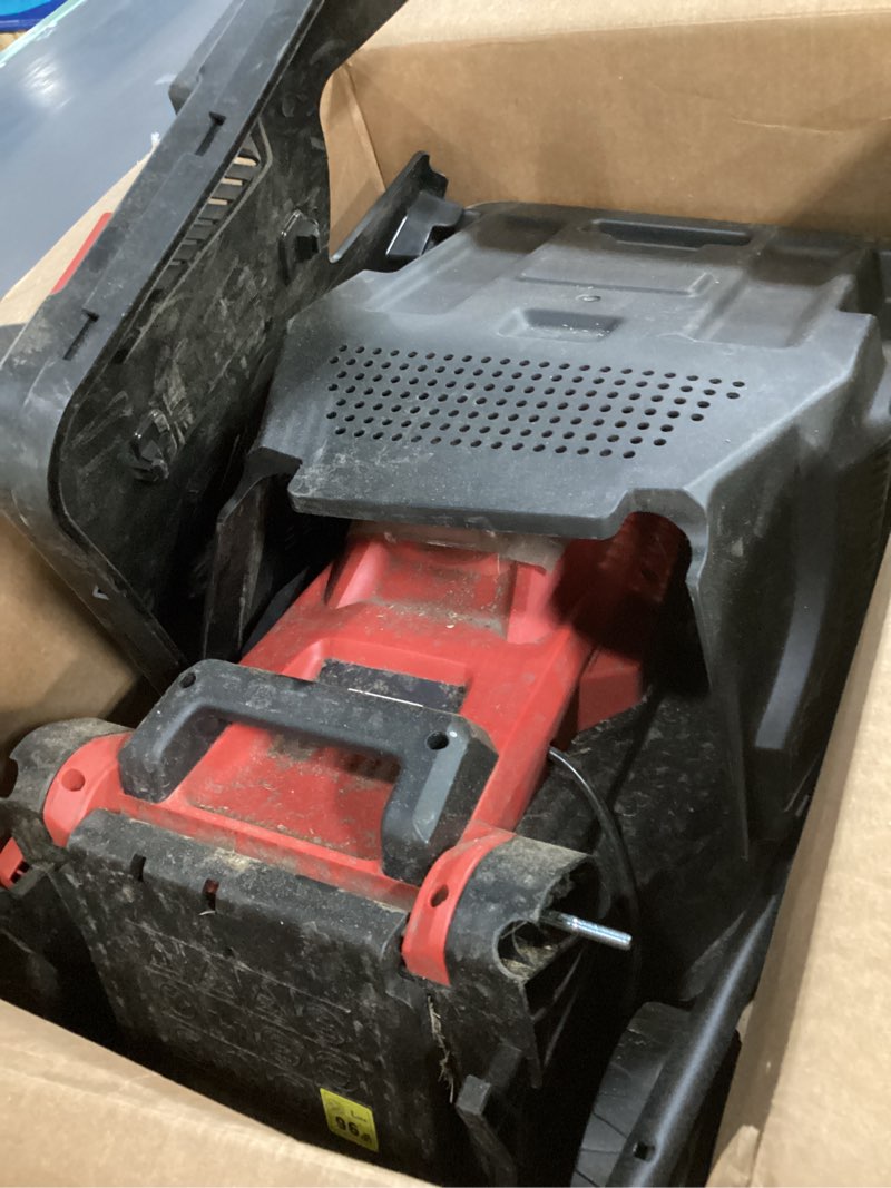 Condition photo showing As Is for mzk 20v 13-inch electric lawn mower, compact brushless mower | compact push mower with dual batteries, 4 cutting heights, and grass bag for small lawns and tight spaces. red