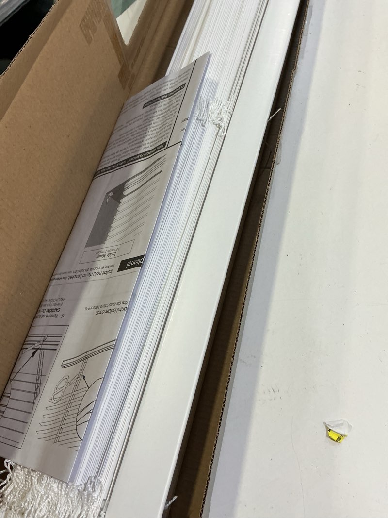 Condition photo showing As Is for mainstays 1" cordless vinyl room darkening blinds, white, 34"w x 72"l
