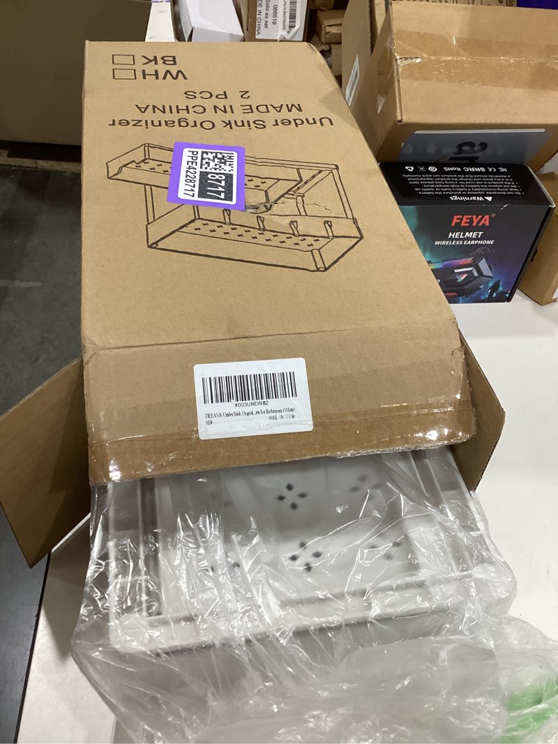 Condition photo showing Good Condition for DEKAVA Cabinet, 2 Pack Under Sink Organizer, 2 Tier Sliding Bathroom Kitchen Organizer, Large White ABS Baskets, Easy Install & Clean