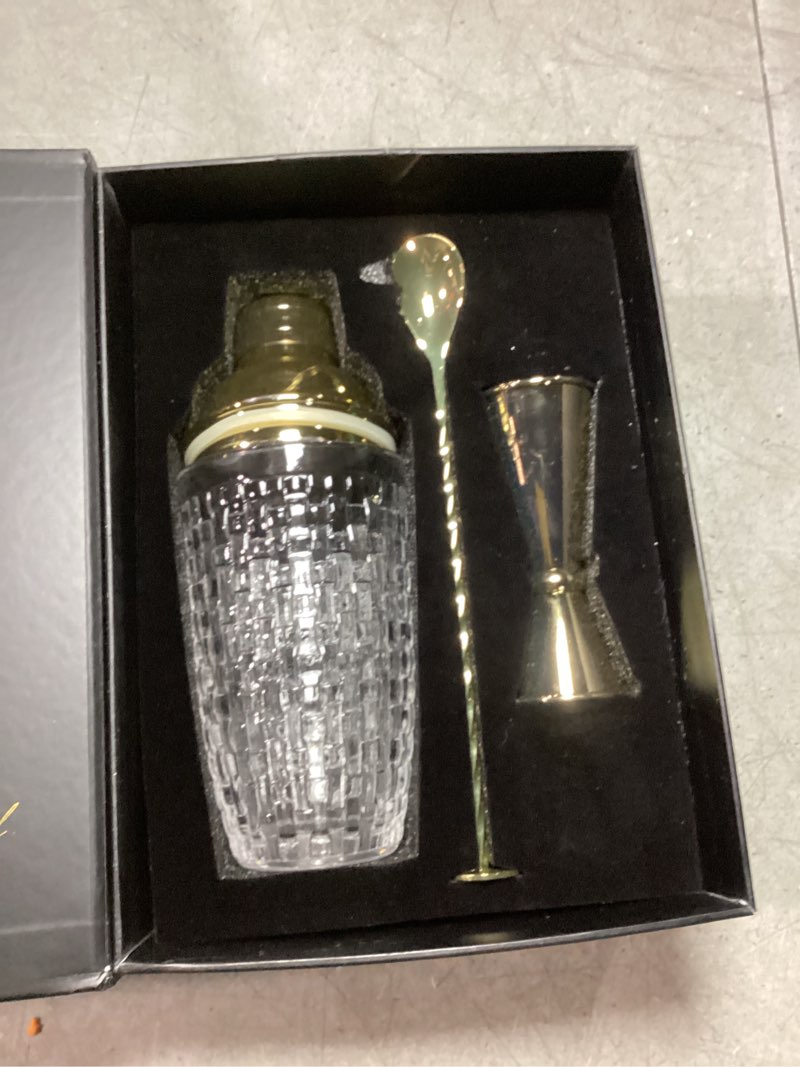 Condition photo showing New/Like New for NIKITA by Niki Glass Cocktail Shaker Set, 5-Piece Martini Shaker & Bartender Kit with Bar Accessories Strainer, Jigger, Spoon & Muddler, Gold 16oz Drink Mixer with Bartender Accessories
