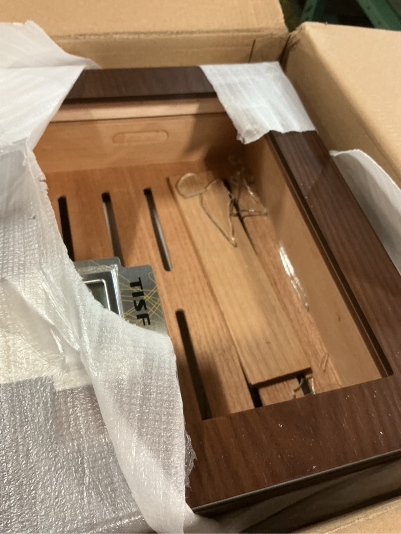 Condition photo showing As Is for tisfa cigar humidor cedar wood cigar box with 2 digital hygrometer, 2 humidifiers, cedar tray, divider, accessory drawer, glass top large desktop humidors and acrylic travel cigar tube gifts set brown (caution broken glass in box)