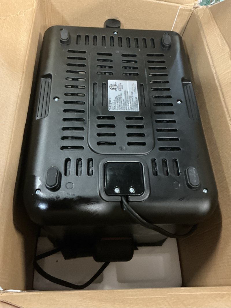 Condition photo showing As Is for chefman air fryer turbofry 7-qt, 6-in-1 high-powered 450°f cooking for crispier results, compact space-saving design, air fry, bake, broil, reheat, dehydrate, defrost, fast & even cooking – black