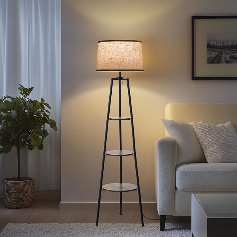 60.7 in. Black Tripod Floor Lamp with White Linen Texture Shade and Wood Open Storage Shelf