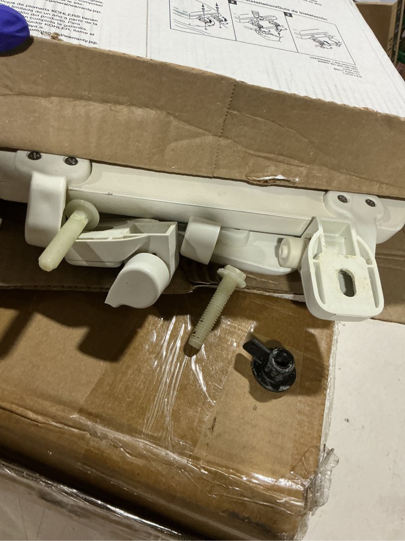 Condition photo showing As Is for kohler stonewood quiet-close elongated toilet seat, slow close design, durable wood, easy installation, universal fit, white finish, k-20466-0