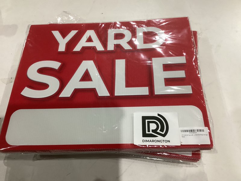Condition photo showing New/Like New for 3 PC Yard Sale Signs with Stakes, 12x16 DS Coroplast Rummage Sale Signs