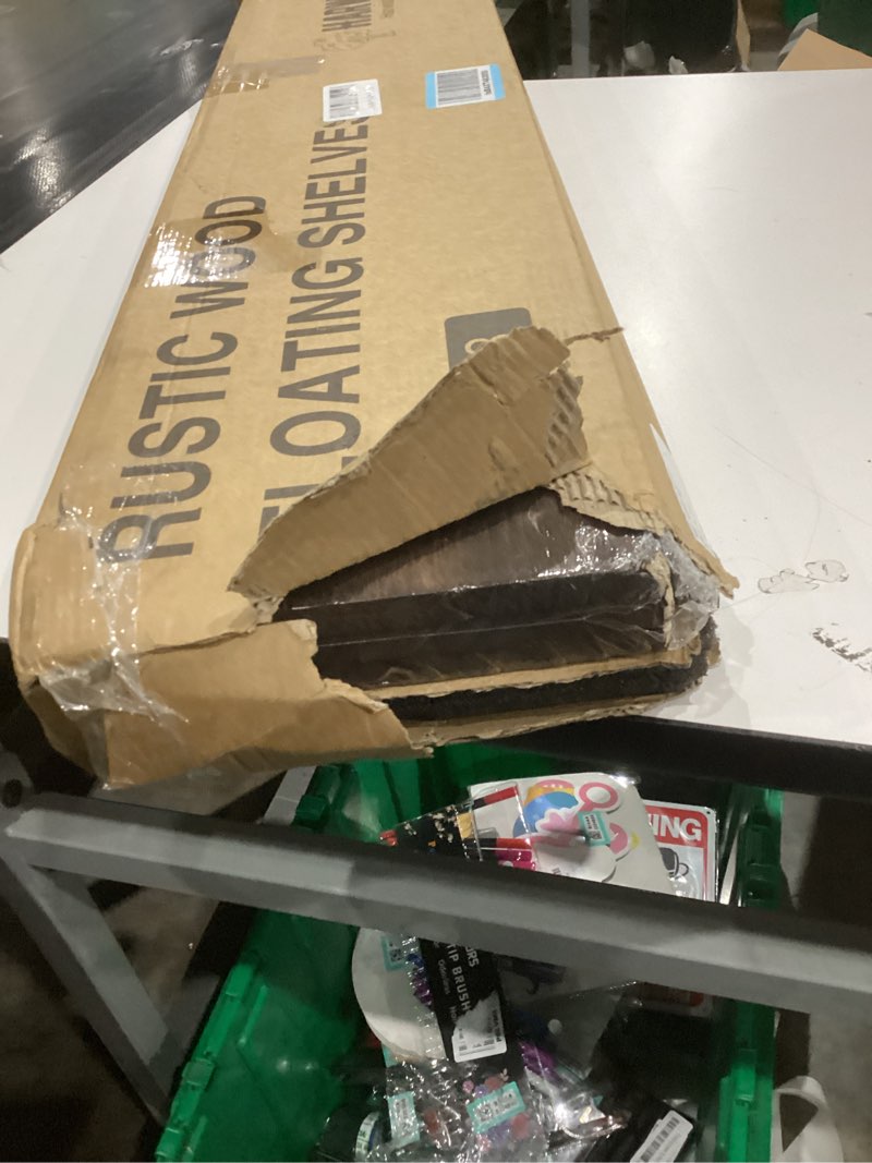 Condition photo showing As Is for Floating Shelves for Wall 36 Inches Long 8 Inch Deep, Large Wall Book Shelves for Bedroom, Rustic Wood Hanging Bookshelf for Living Room Office Kitchen Closet Organizers and Storage - Set of 3 Rustic Brown