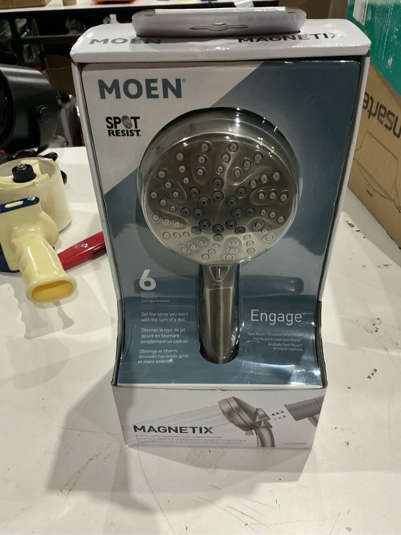 Condition photo showing New/Like New for Moen Engage Magnetix Spot Resist Brushed Nickel 3.5-Inch Six-Function Detachable Handheld Showerhead with Magnetic Docking System, 26100SRN Spot Resist Brushed Nickel Showerhead Handheld Shower