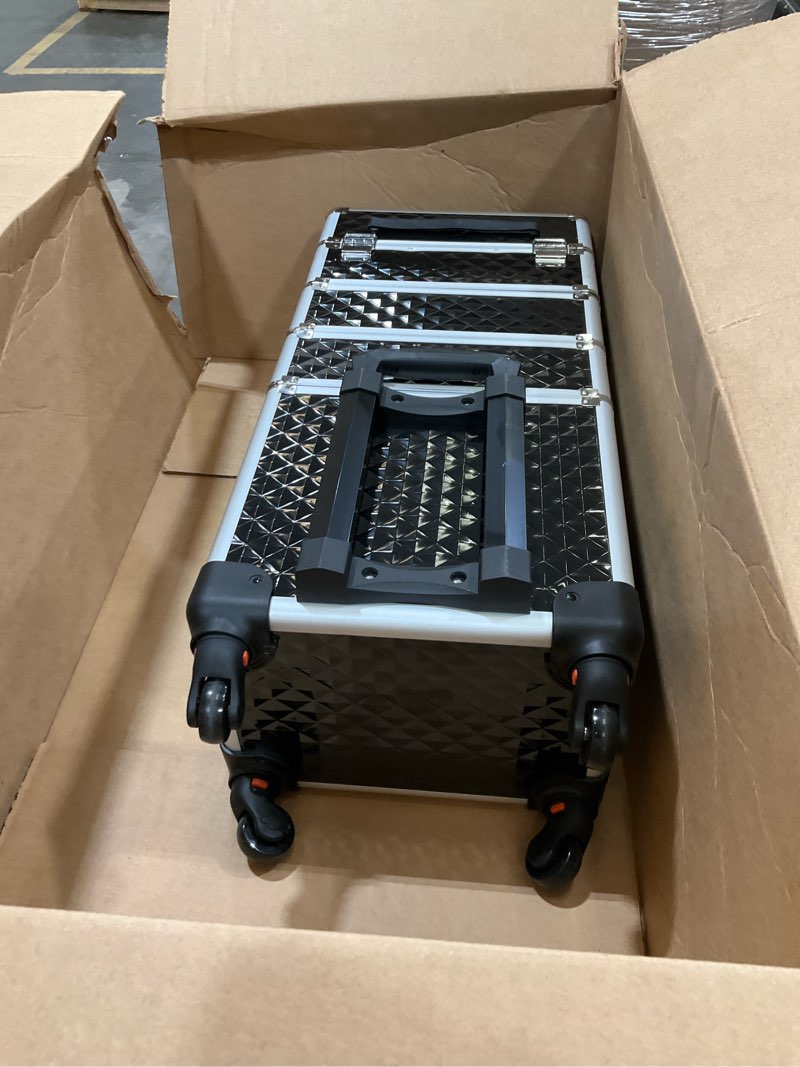 Condition photo showing Good Condition for Stagiant Rolling Makeup Case Cosmetology Case on Wheels 4 in 1 Large Cosmetic Organizer Train Case Makeup Travel Case with Key Swivel Wheels Nail Artist Salon Storage Traveling Cart Trunk Black