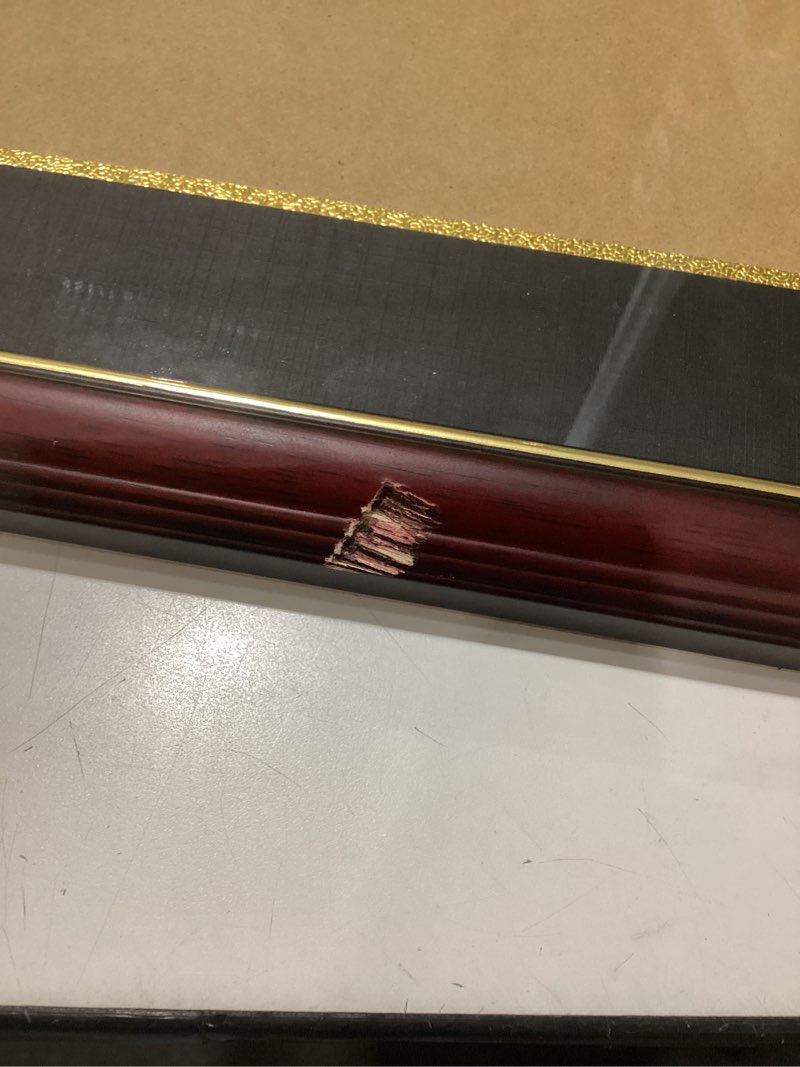 Condition photo showing As Is for 11.75x16 diploma frame solid wood,cherry finish with gold trim, displays 11.75x16 diplomas with black over gold mat or 16x20 inch without mat, diploma frame 11.75x16certificate frames (l23r1620bg11.7516) cherry with gold trim / black gold mat 16x20 or 11.75x16 with mat, damaged