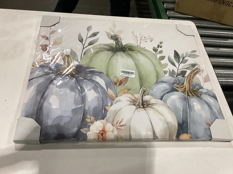 Condition photo showing New/Like New for Fall Canvas Wall Art - Pumpkin Eucalyptus Leaf Thanksgiving Autumn - Modern Wall Decor Gallery Canvas Wraps Giclee Print Stretched and Framed Ready to Hang - 12" x 16" 16"L x 12"W Sky Blue Beige