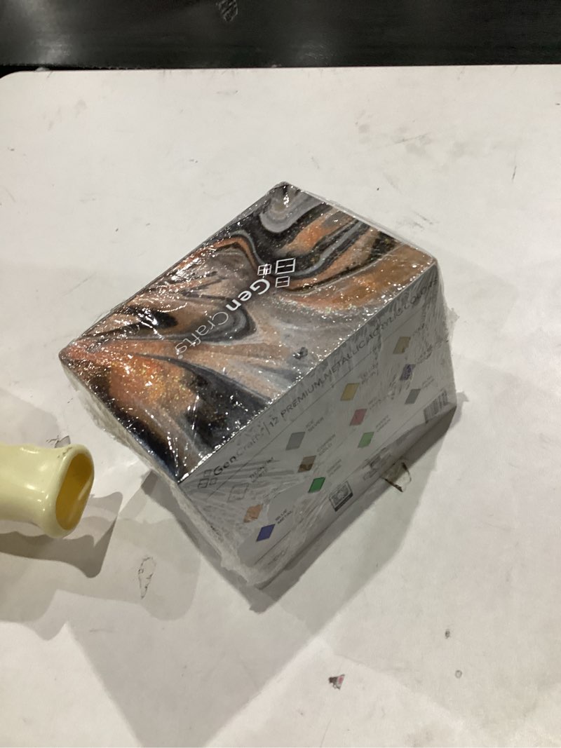 Condition photo showing New/Like New for GenCrafts Metallic Acrylic Pouring Paint 12 Colors Pre-Mixed High Flow & Ready to Pour - 2 oz./60 ml Bottles - Multi-Purpose Paints for Canvas, Paper, Rocks, Wood Metallic 12 x 60ml (2 fl oz)
