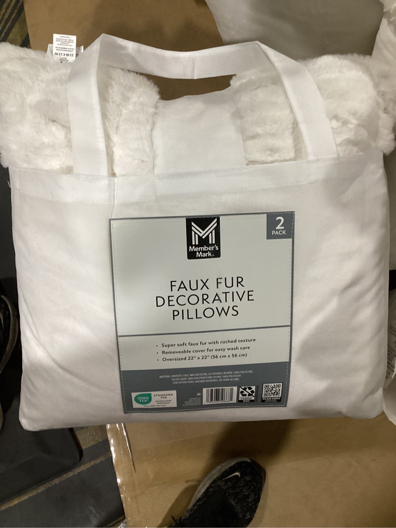 Condition photo showing New/Like New for member's mark 2-pack ruched faux fur decorative pillows, 22" x 22" white