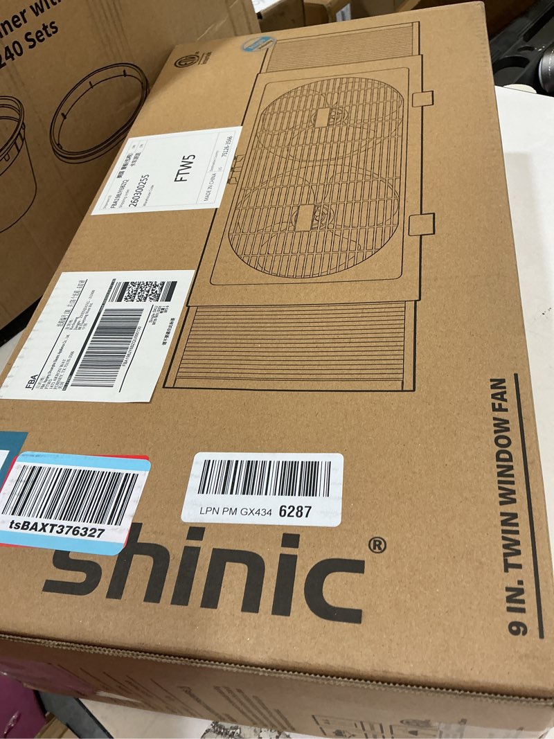 Condition photo showing New/Like New for shinic 9" dual window fan with manual reversible airflow, 2-speeds twin fans, expandable panels (22"-33"), built-in handle & removable feet, ideal for home, kitchen, bedroom, office ventilation