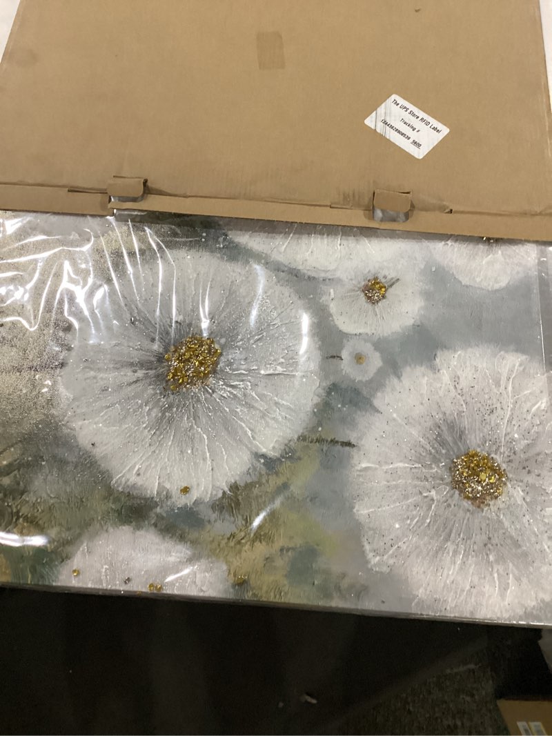 Condition photo showing New/Like New for ardemy flower wall art canvas dandelion painting white floral picture, textured large framed for living room bedroom kitchen dining room bathroom home office decor 40"x20" 40"l x 20"w white dandelion flower